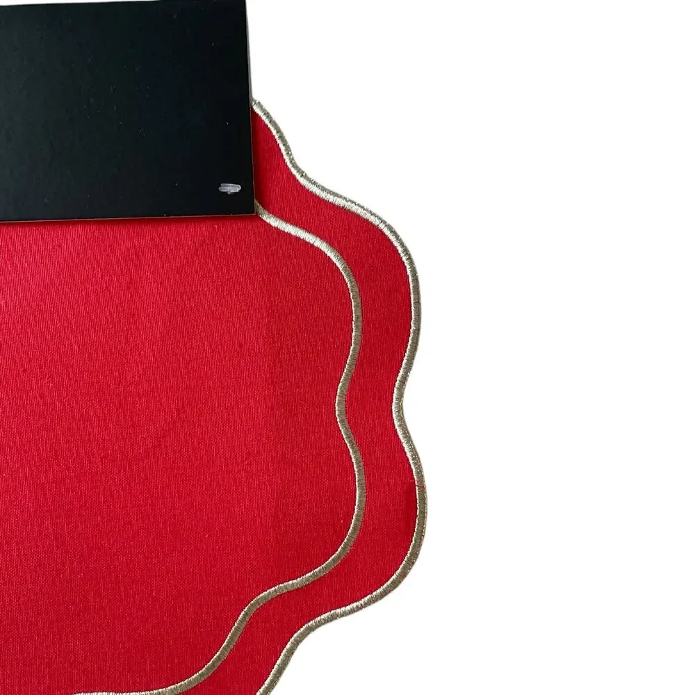 Max Studio Embroidered Cotton Placemats 13x19 Red & Gold Scalloped Set of 4 NEW